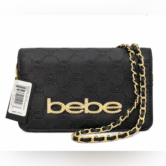 bebe Handbags - bebe Black Quilted Logo Crossbody with Gold Chain Strap